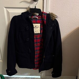 Hollister Navy Blue coatwith Fur Trim and Red Plaid Lining